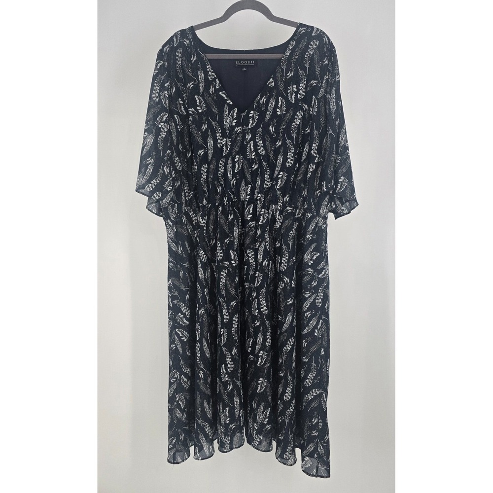 Eloquii Navy Blue Metallic Feather Print V-Neck Midi Dress Plus Size 22‎ Boho